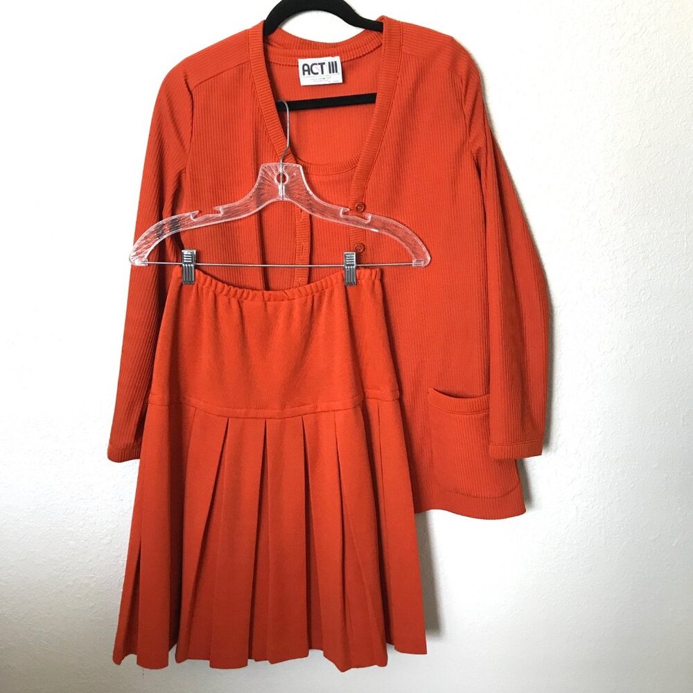 Vintage Act III 3 pc Skirt Top Cardigan Jacket Set Orange Polyester
